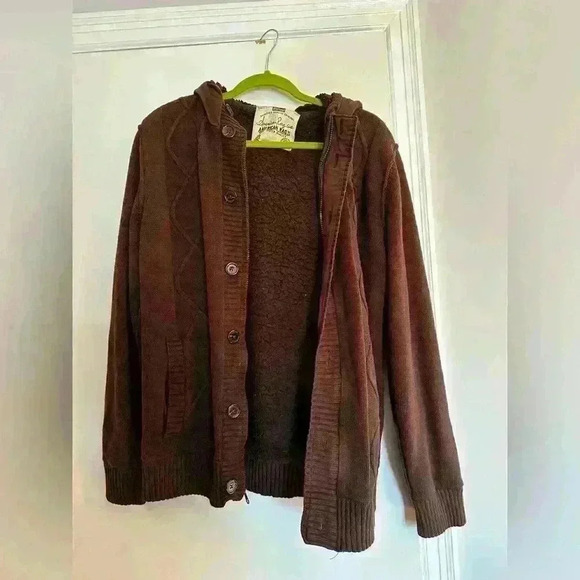 American Rag CEI Fleece Lined Cable Knit Brown Hooded Cardigan Zip Button close - Picture 12 of 15